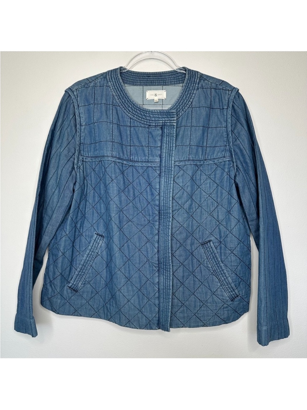 Lou and Grey Denim Quilted Jacket Size L Blue Full Zip Spring Boxy Boho